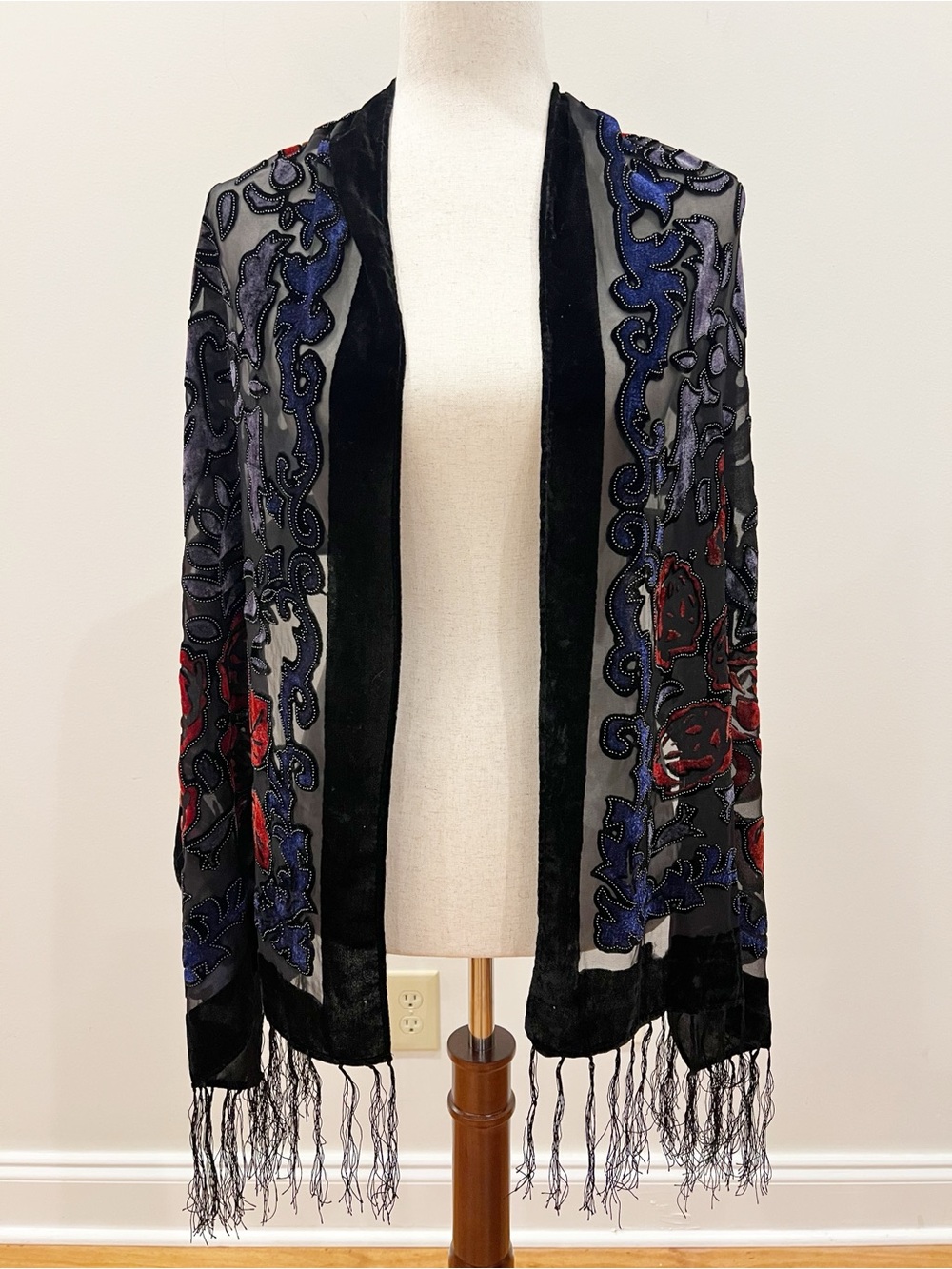 Vintage Scarf Velvet Burnout Dark Floral Fringe Wrap Devore Sheer Romantic Artsy